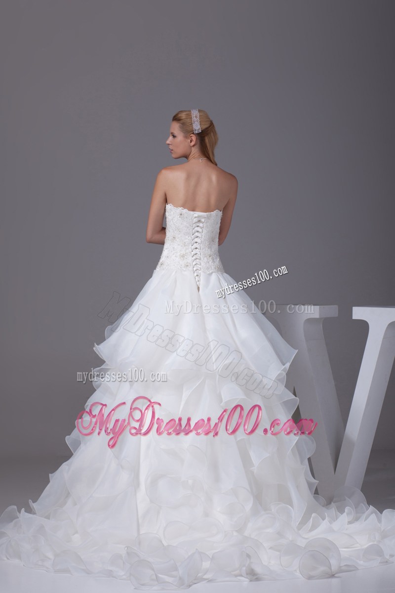 Appliques with Beading Decorated Ruffles Brush Train Dresses for Wedding