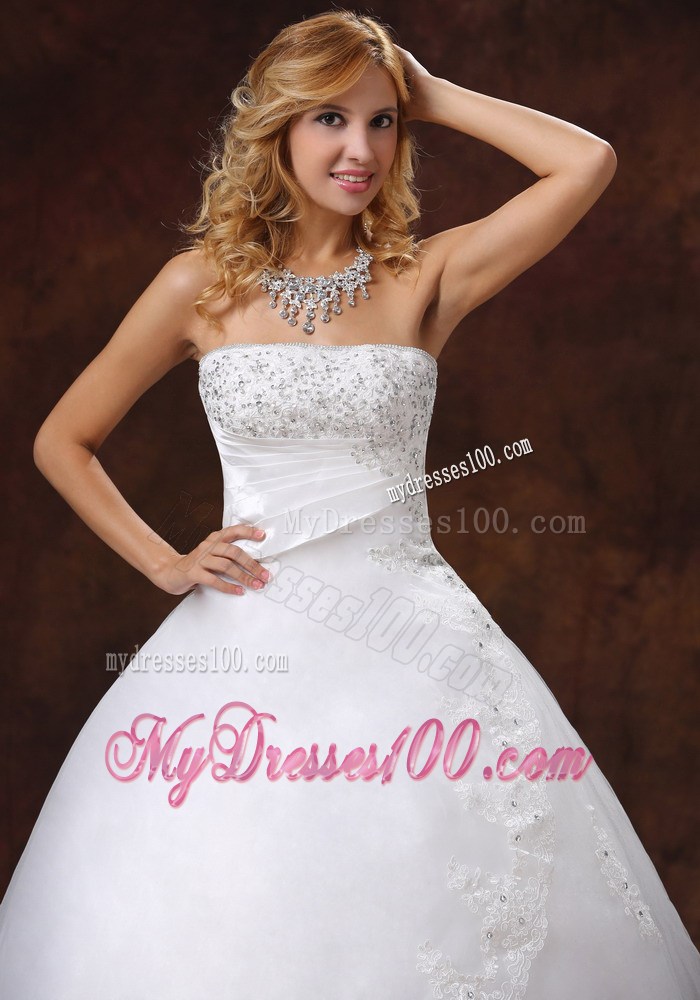 Diamonds and Lace Flowers Decorated Wedding Gown with Brush train