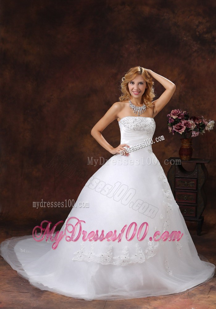 Diamonds and Lace Flowers Decorated Wedding Gown with Brush train