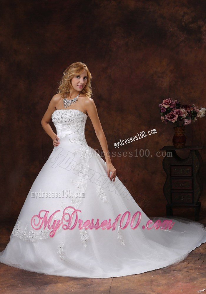Diamonds and Lace Flowers Decorated Wedding Gown with Brush train