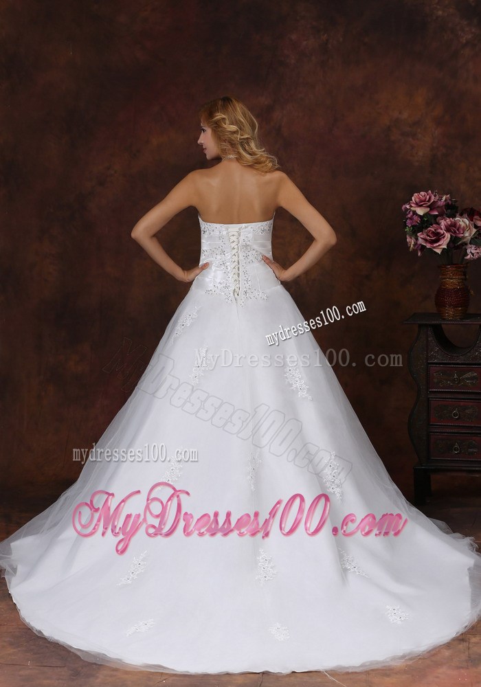 Diamonds and Lace Flowers Decorated Wedding Gown with Brush train