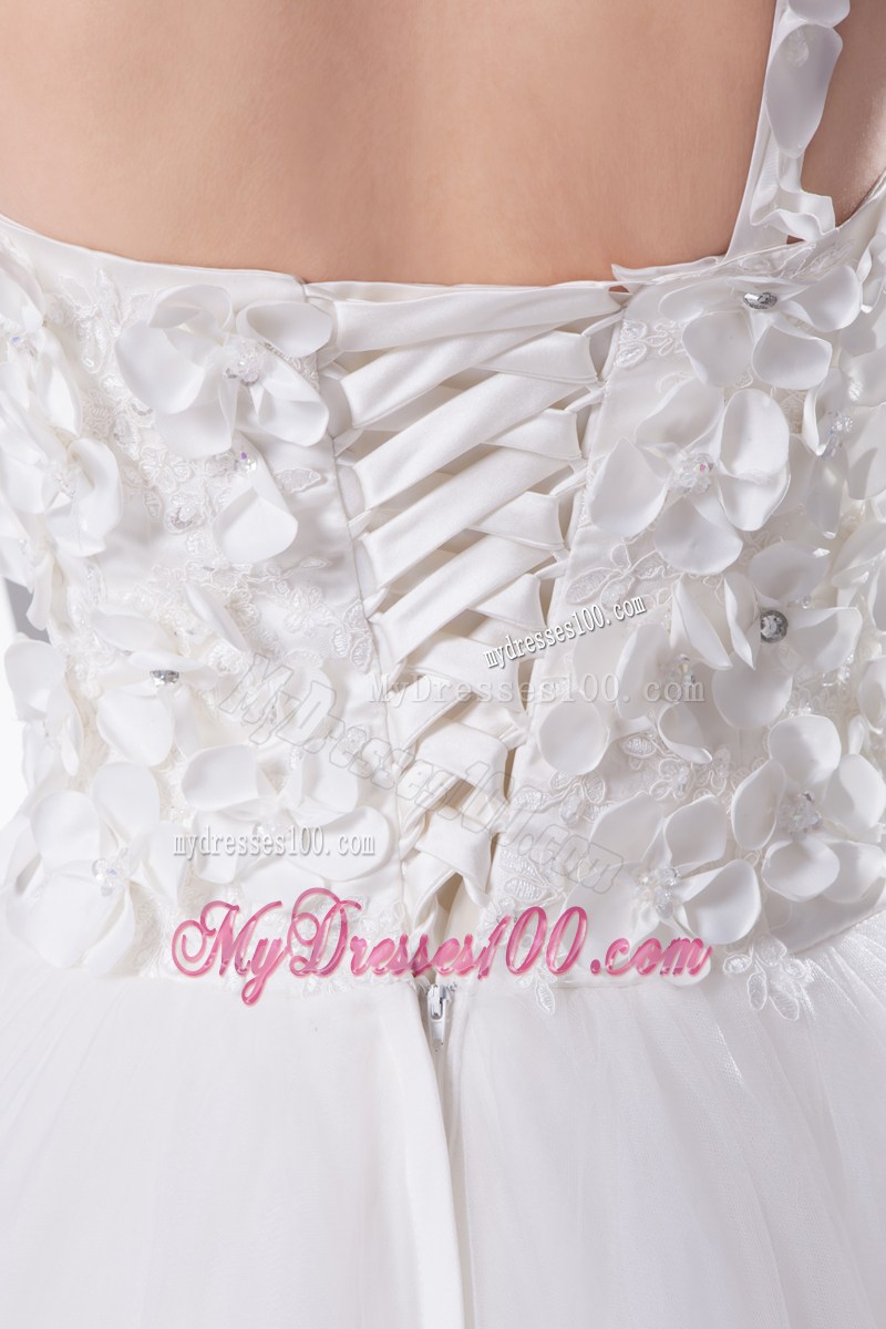 One Shoulder Small Hand Made Flowers Wedding Bridal Gowns with Court Train