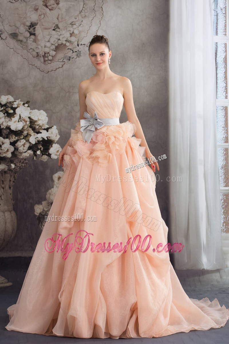 Ruche Strapless Brush Train Wedding Gowns with Ruffles and Handle Flowers Sash