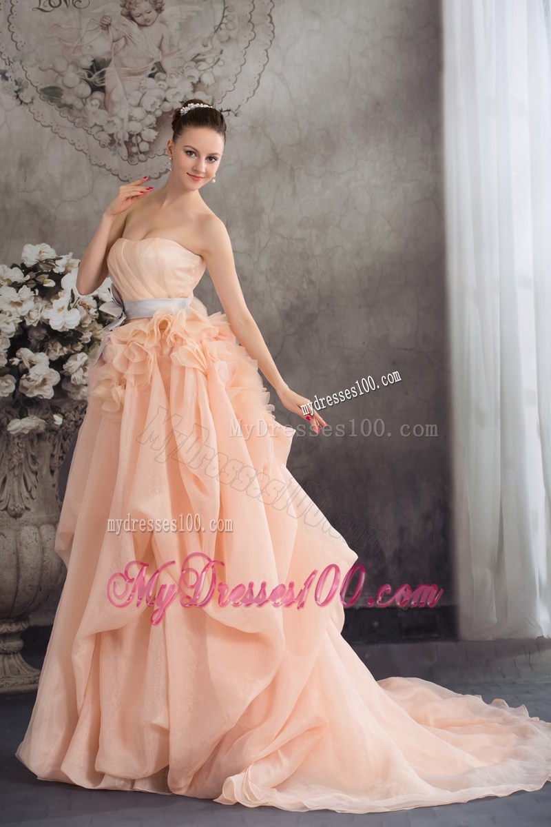 Ruche Strapless Brush Train Wedding Gowns with Ruffles and Handle Flowers Sash