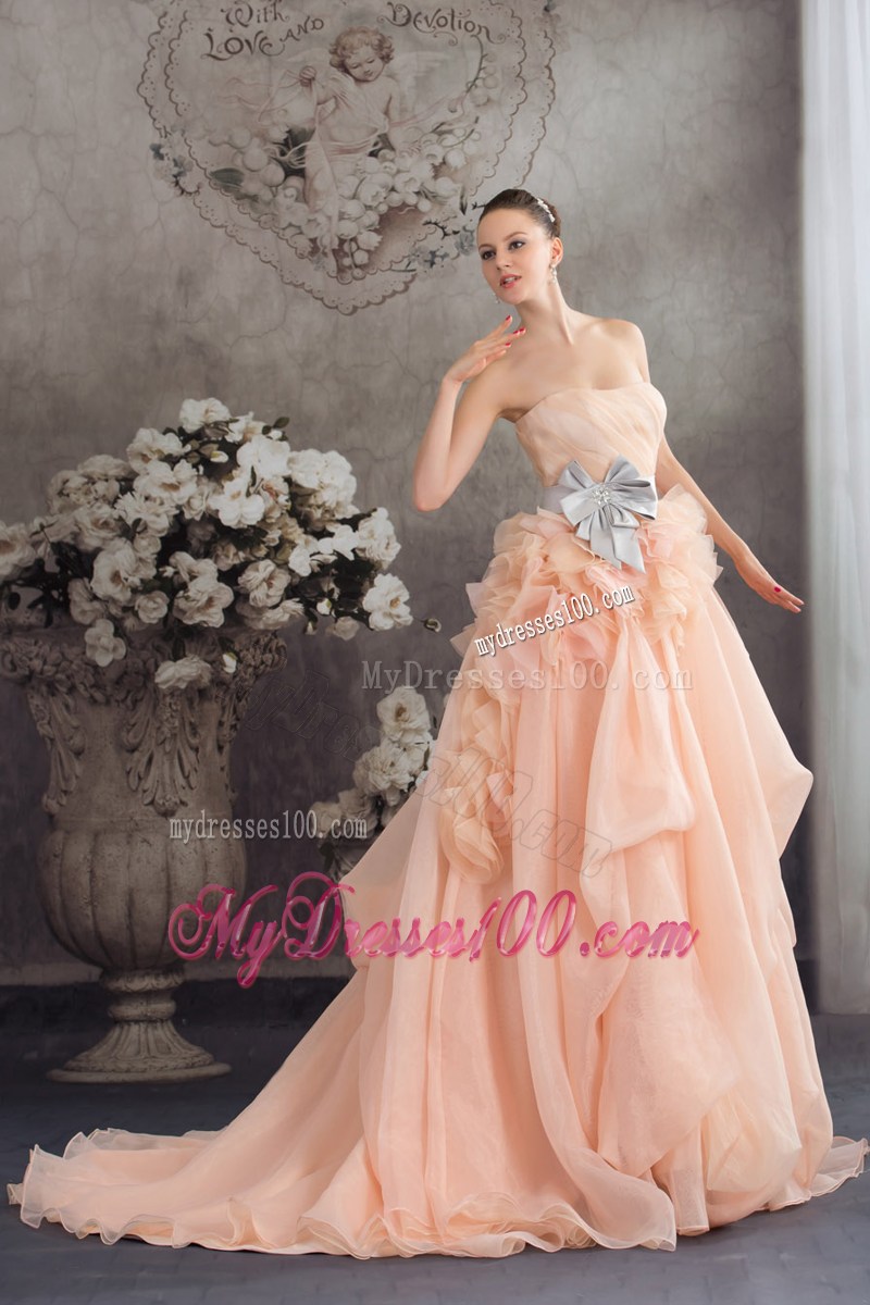 Ruche Strapless Brush Train Wedding Gowns with Ruffles and Handle Flowers Sash