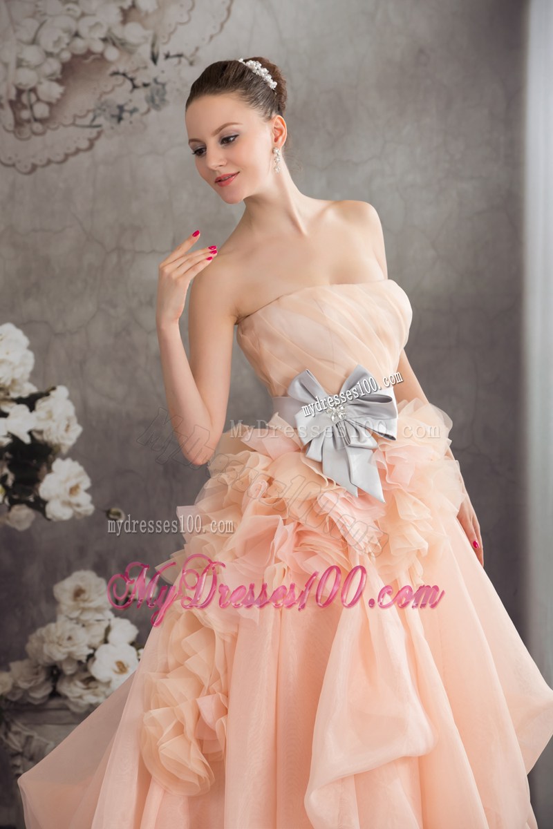 Ruche Strapless Brush Train Wedding Gowns with Ruffles and Handle Flowers Sash