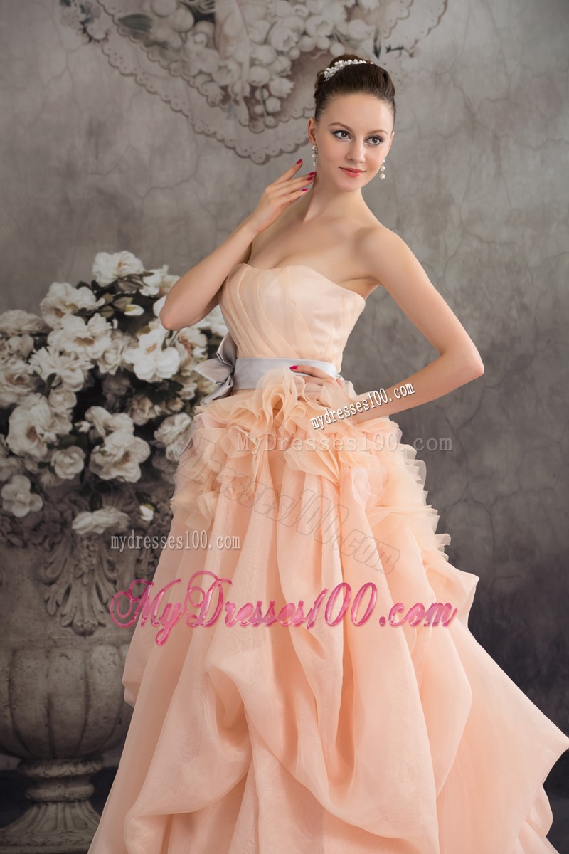Ruche Strapless Brush Train Wedding Gowns with Ruffles and Handle Flowers Sash