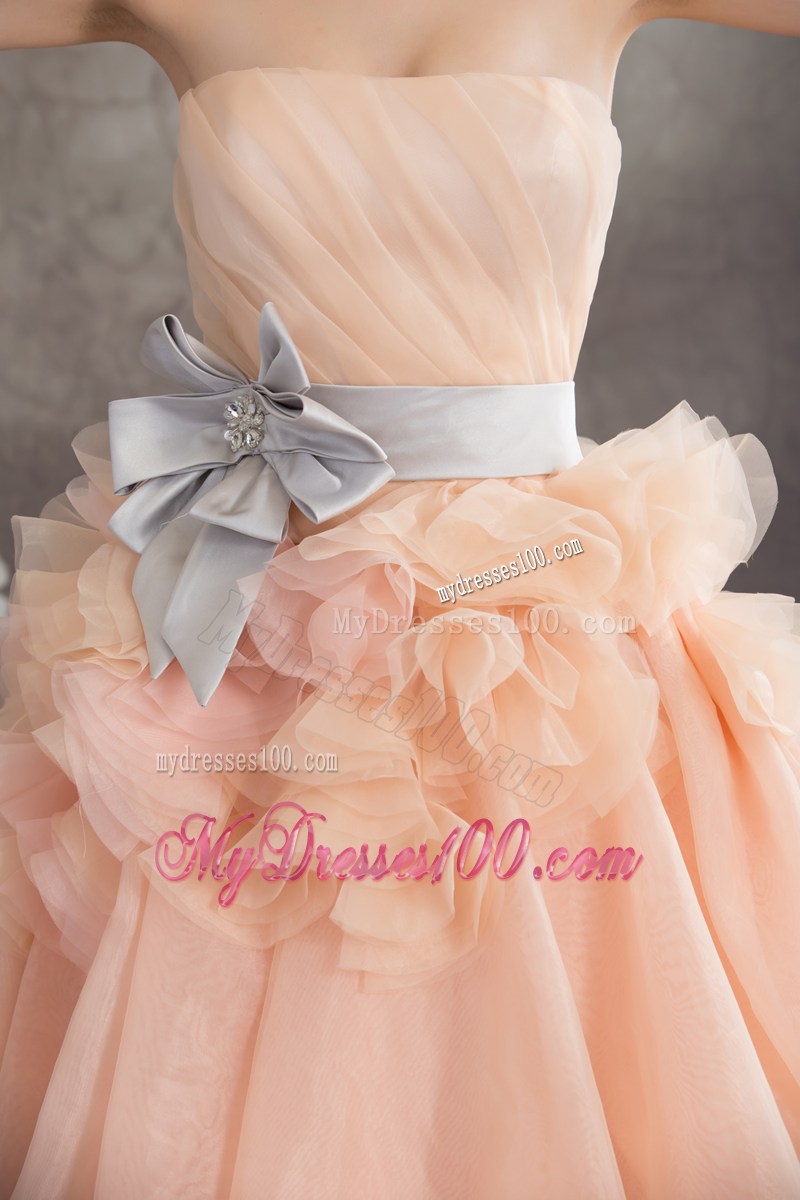 Ruche Strapless Brush Train Wedding Gowns with Ruffles and Handle Flowers Sash