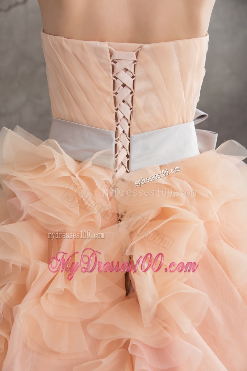 Ruche Strapless Brush Train Wedding Gowns with Ruffles and Handle Flowers Sash