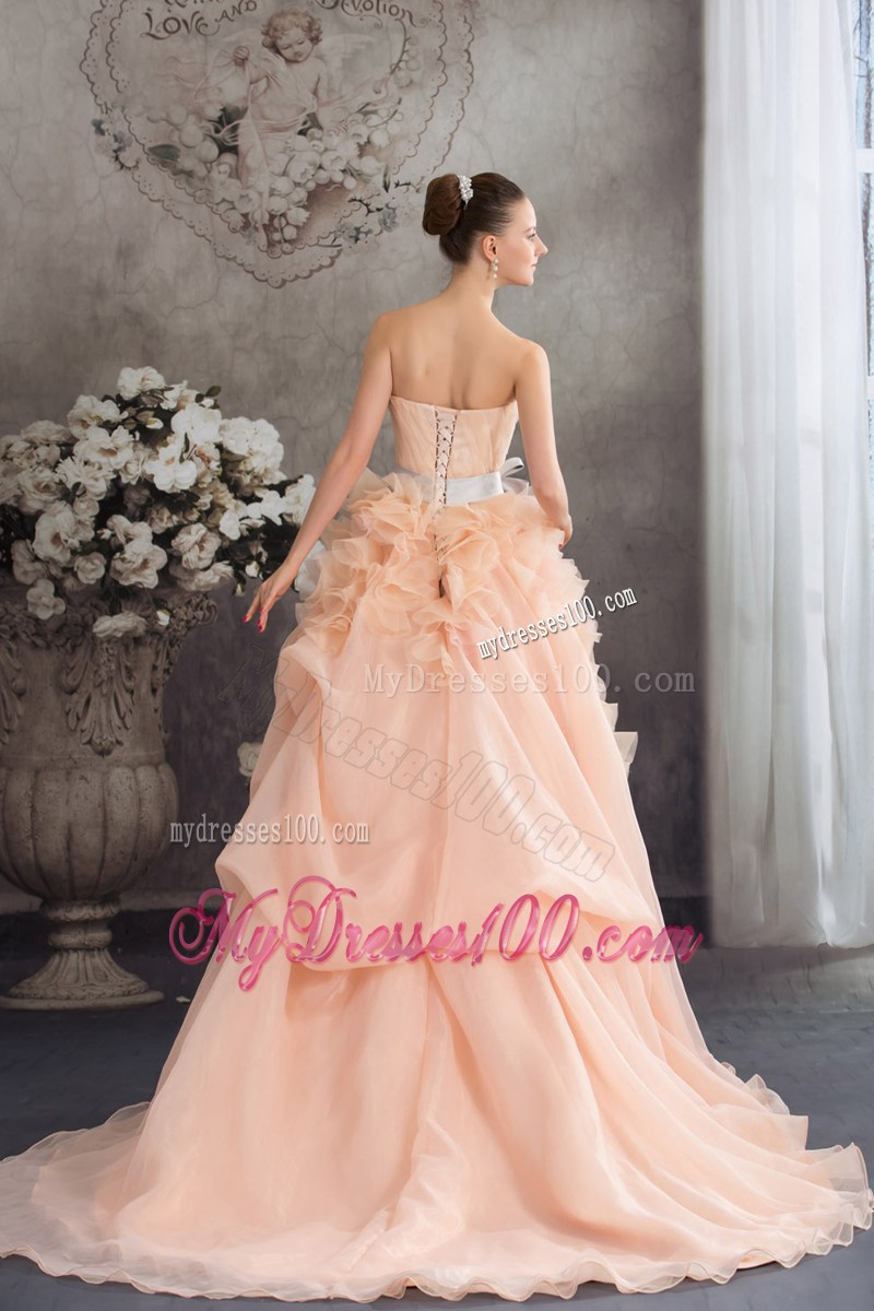 Ruche Strapless Brush Train Wedding Gowns with Ruffles and Handle Flowers Sash