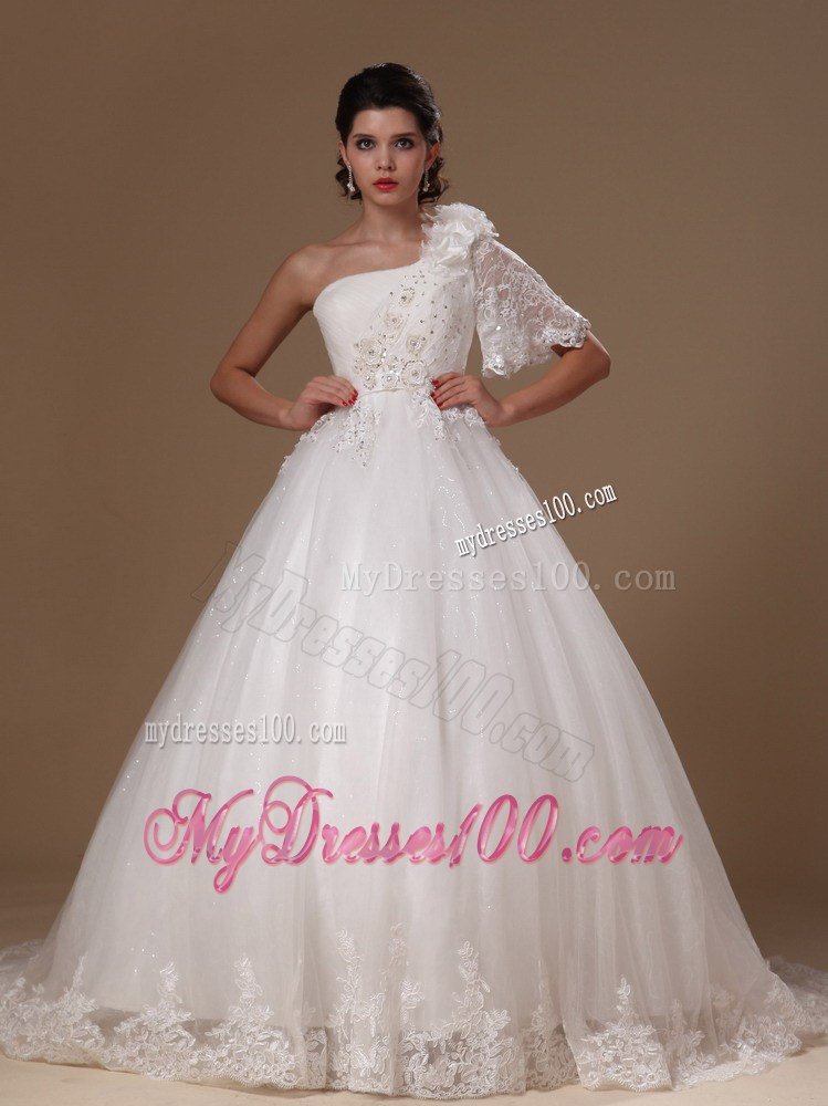 Appliques Court Train Wedding Gown with one Short Butterfly Sleeve