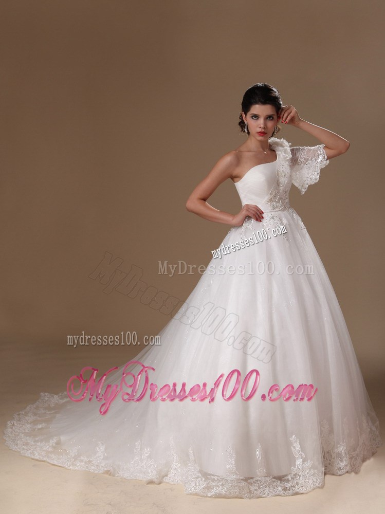 Appliques Court Train Wedding Gown with one Short Butterfly Sleeve
