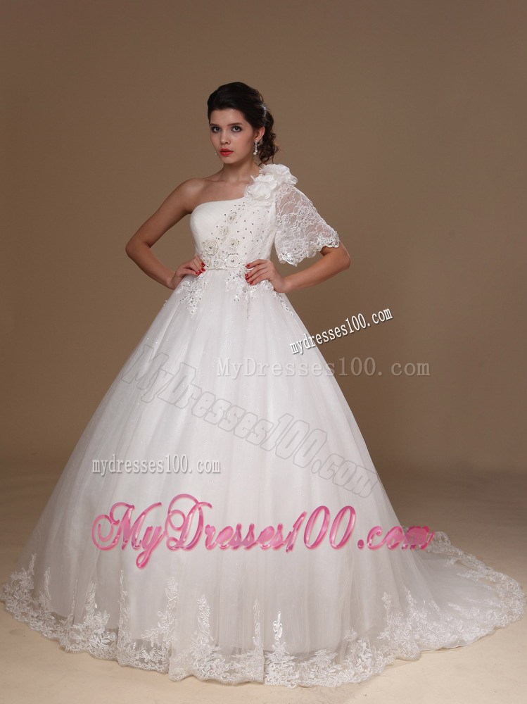 Appliques Court Train Wedding Gown with one Short Butterfly Sleeve