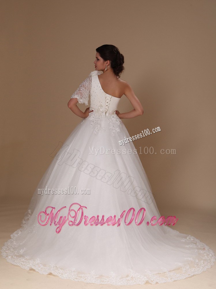 Appliques Court Train Wedding Gown with one Short Butterfly Sleeve