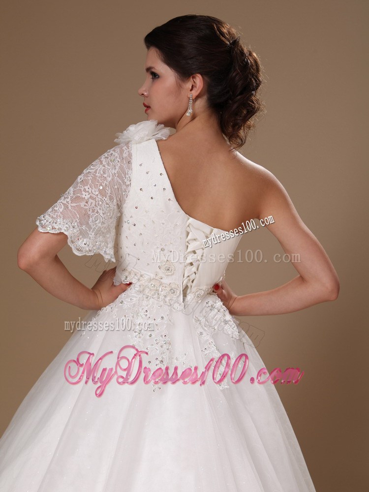 Appliques Court Train Wedding Gown with one Short Butterfly Sleeve