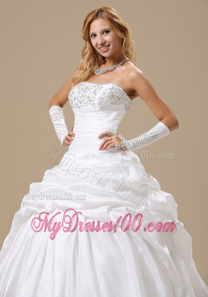 Ruching Diamonds and Pick-ups Decorated Wedding Dress with Sweep Train