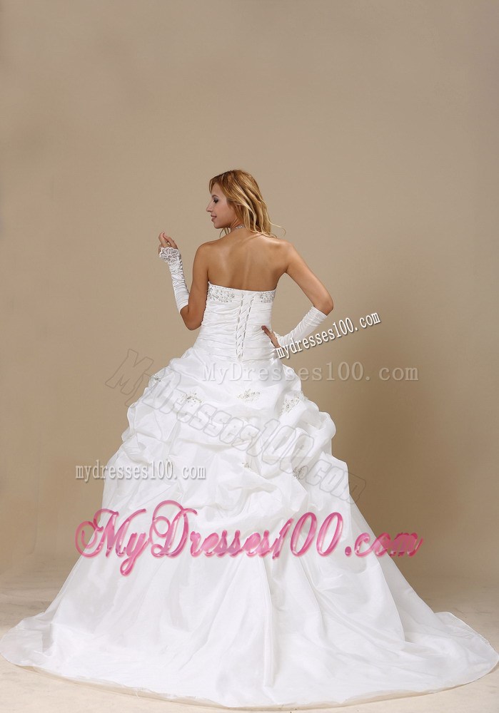 Ruching Diamonds and Pick-ups Decorated Wedding Dress with Sweep Train