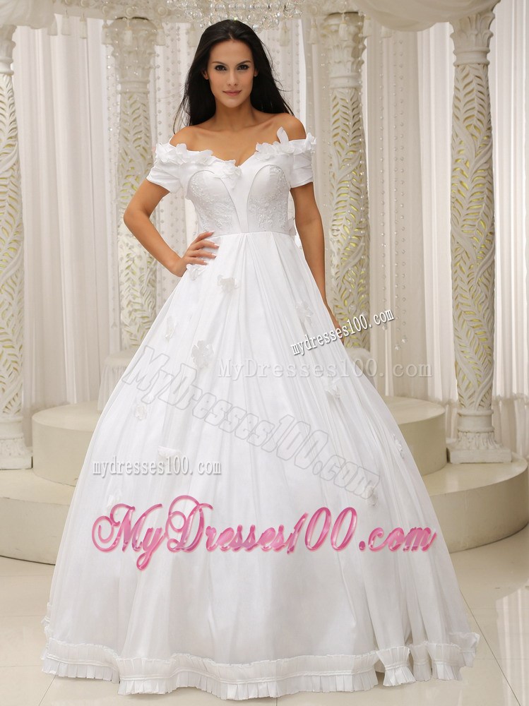 Flowery Floor-length Taffeta Appliqued Wedding Dress off Shoulder