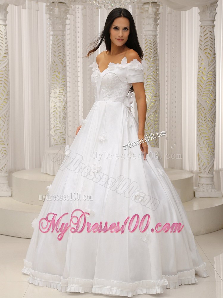 Flowery Floor-length Taffeta Appliqued Wedding Dress off Shoulder
