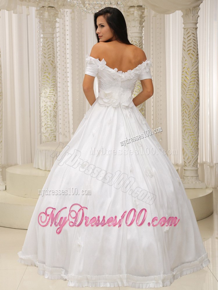 Flowery Floor-length Taffeta Appliqued Wedding Dress off Shoulder