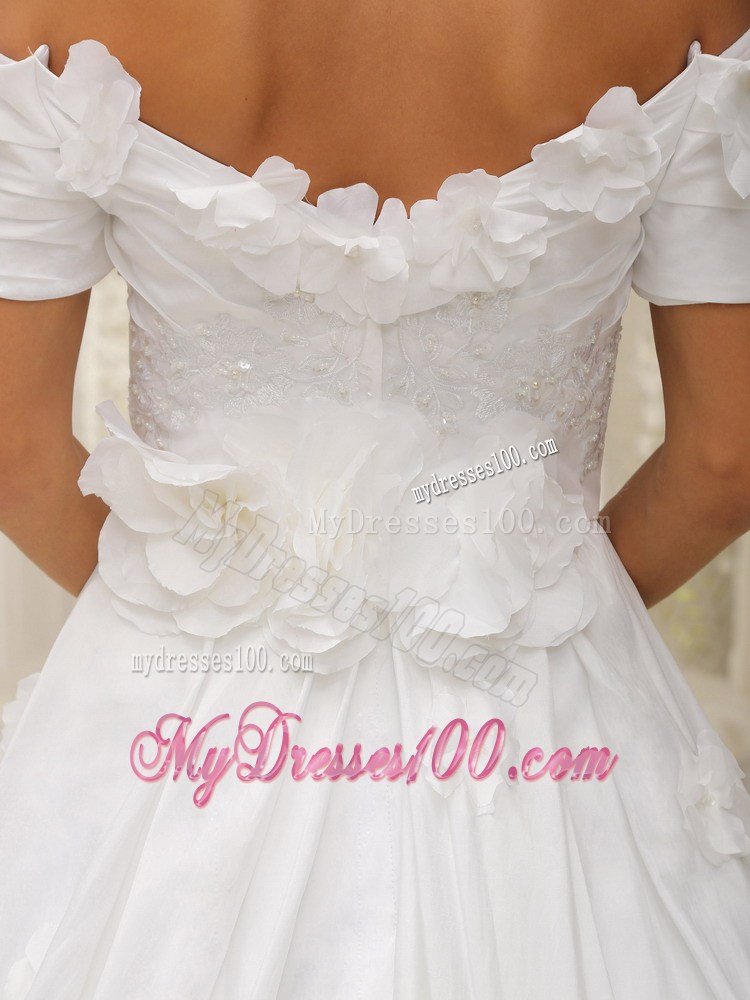 Flowery Floor-length Taffeta Appliqued Wedding Dress off Shoulder