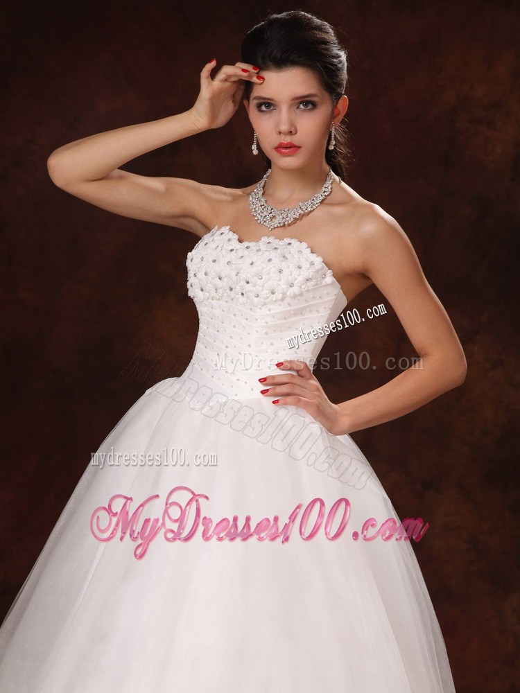 White Bodice Bridal Gown with Beaded Flowers Neckline For Beauty
