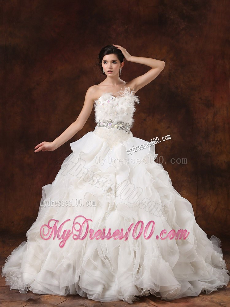 Beaded and Ruffled Chapel Wedding Dresses with Feather and Paillette