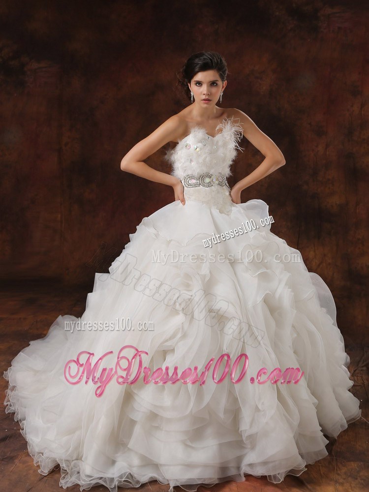 Beaded and Ruffled Chapel Wedding Dresses with Feather and Paillette