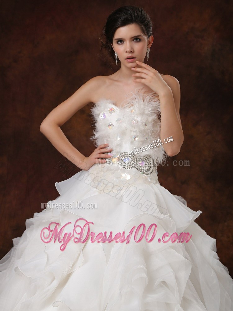 Beaded and Ruffled Chapel Wedding Dresses with Feather and Paillette