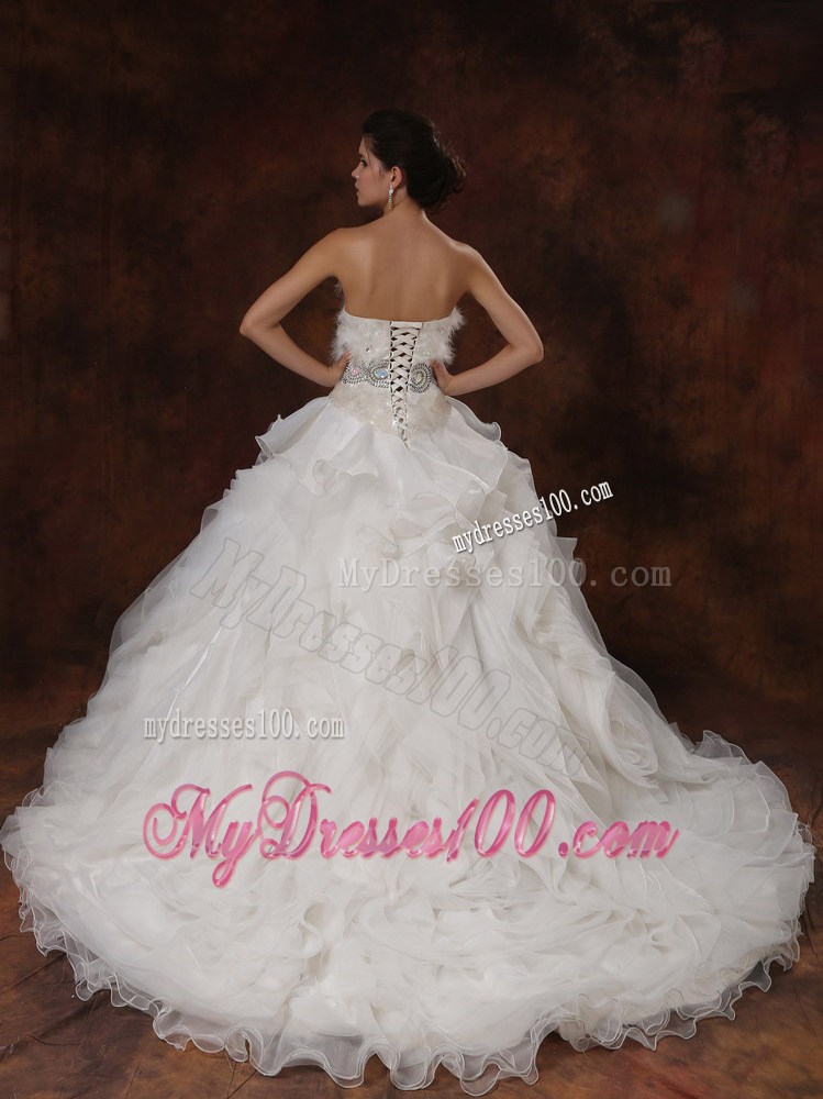Beaded and Ruffled Chapel Wedding Dresses with Feather and Paillette