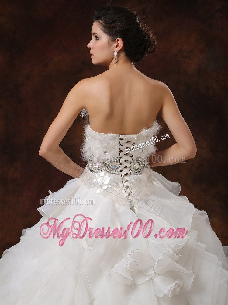 Beaded and Ruffled Chapel Wedding Dresses with Feather and Paillette