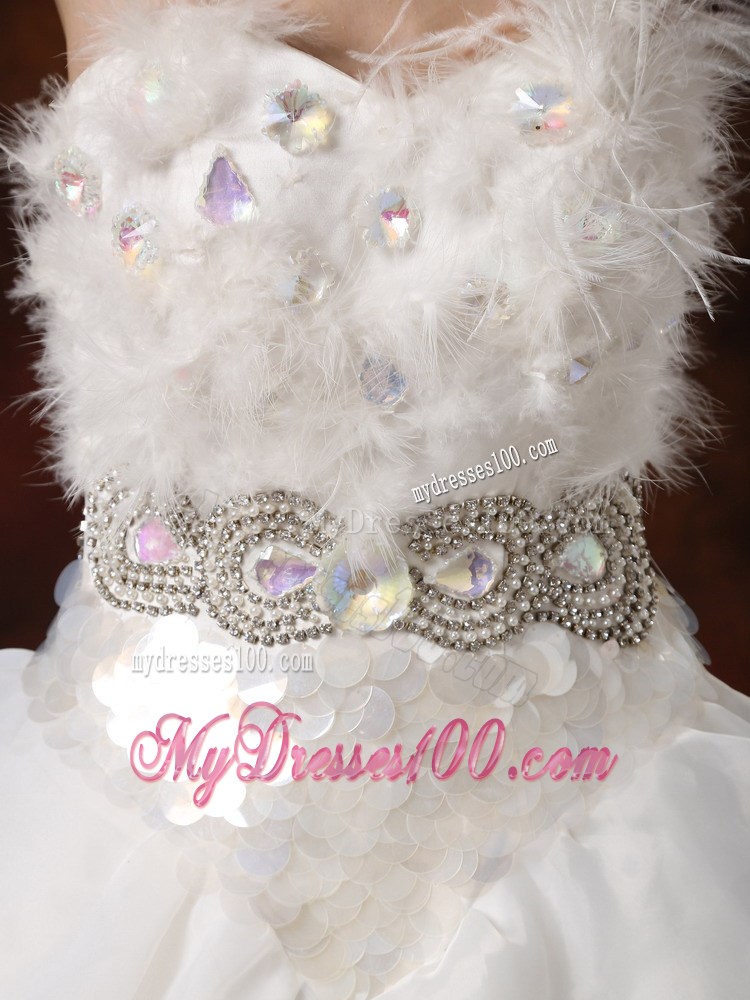 Beaded and Ruffled Chapel Wedding Dresses with Feather and Paillette
