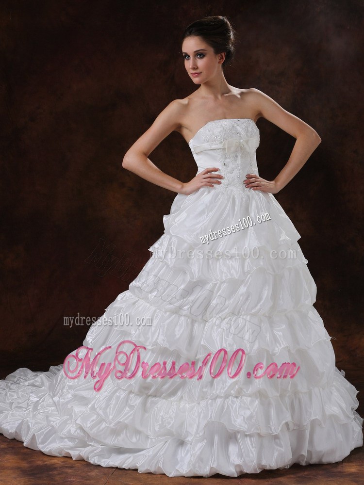 Organza A-line Wedding Dress with Beading and Ruffled Chapel Train