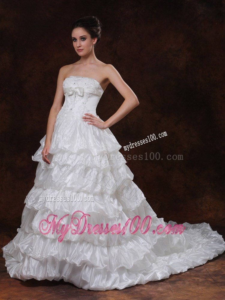 Organza A-line Wedding Dress with Beading and Ruffled Chapel Train