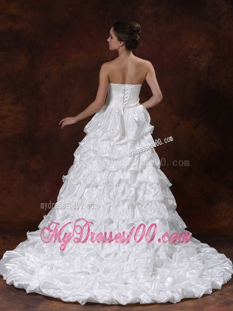 Organza A-line Wedding Dress with Beading and Ruffled Chapel Train