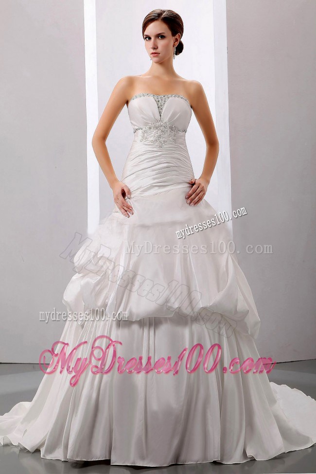 Pick-ups and Beading Accent Taffeta Wedding Gown with Court Train