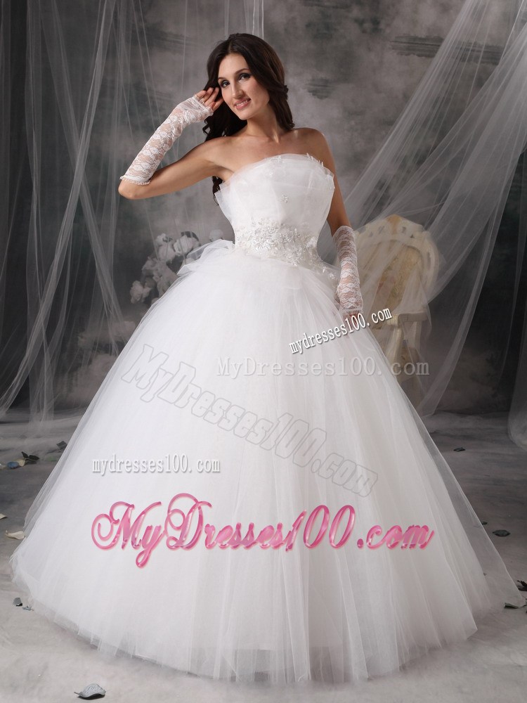 Shining Diamonds Decorated Tulle Puffy Dress for Wedding with Ruffled Neckline