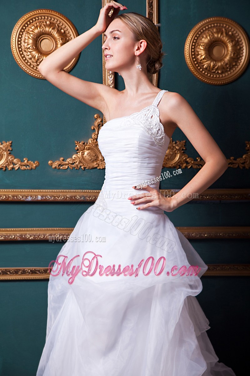 one Shoulder Appliqued Bridal Dresses with Court Train and Buttons