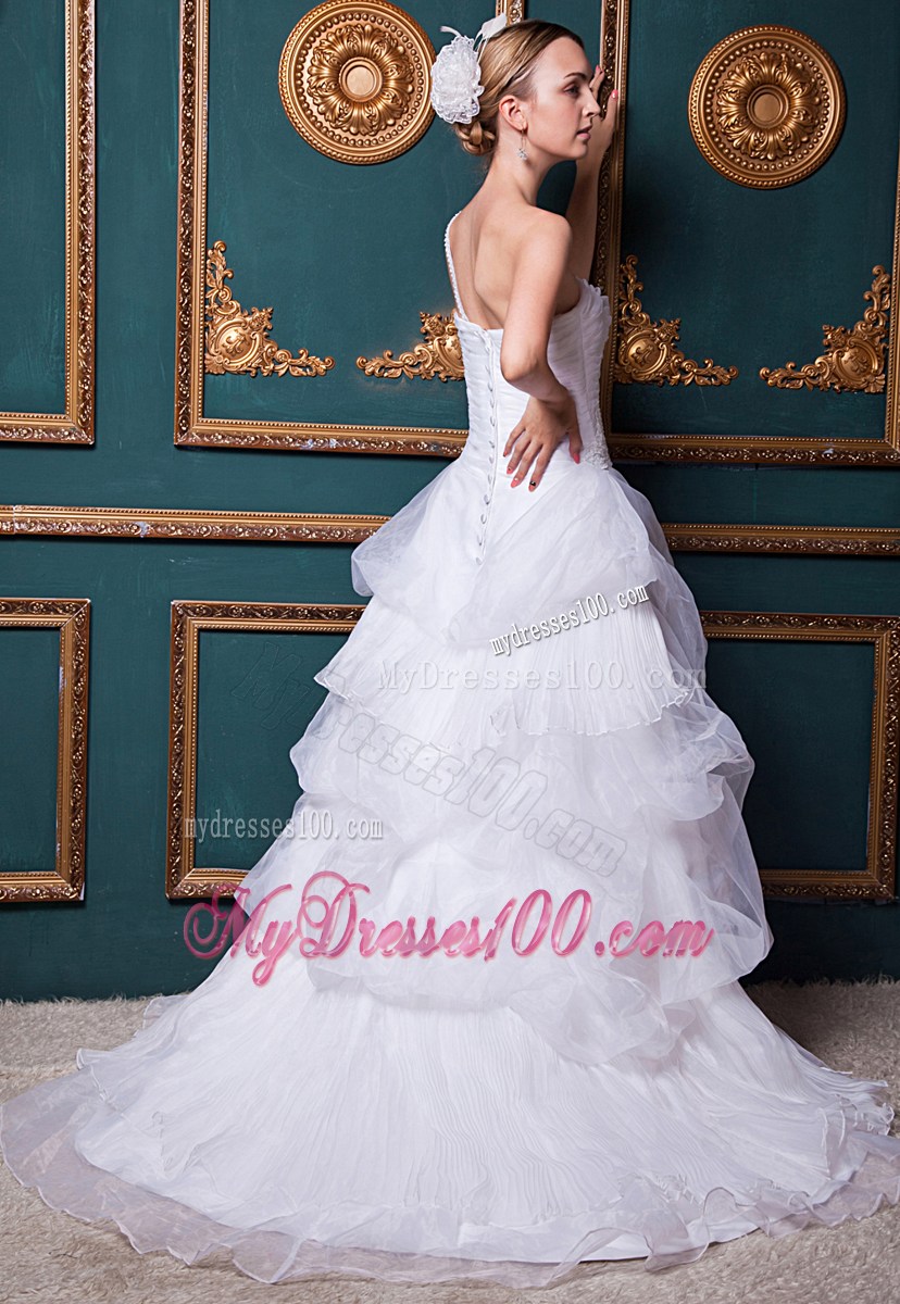 one Shoulder Appliqued Bridal Dresses with Court Train and Buttons