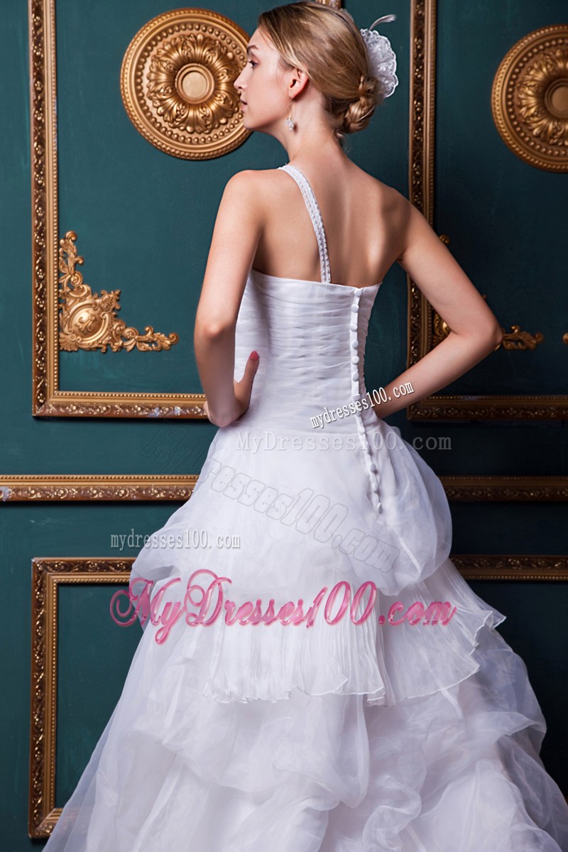 one Shoulder Appliqued Bridal Dresses with Court Train and Buttons