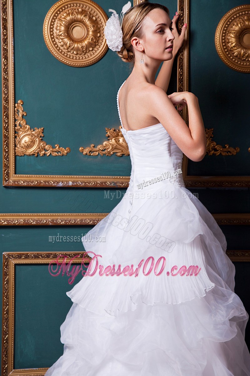 one Shoulder Appliqued Bridal Dresses with Court Train and Buttons