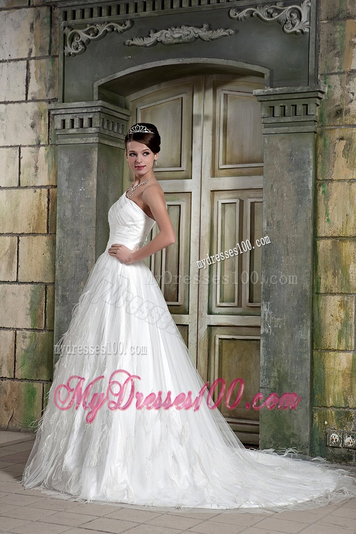 Single Shoulder Ruching Brush Train Wedding Dress Unique From The Feathers