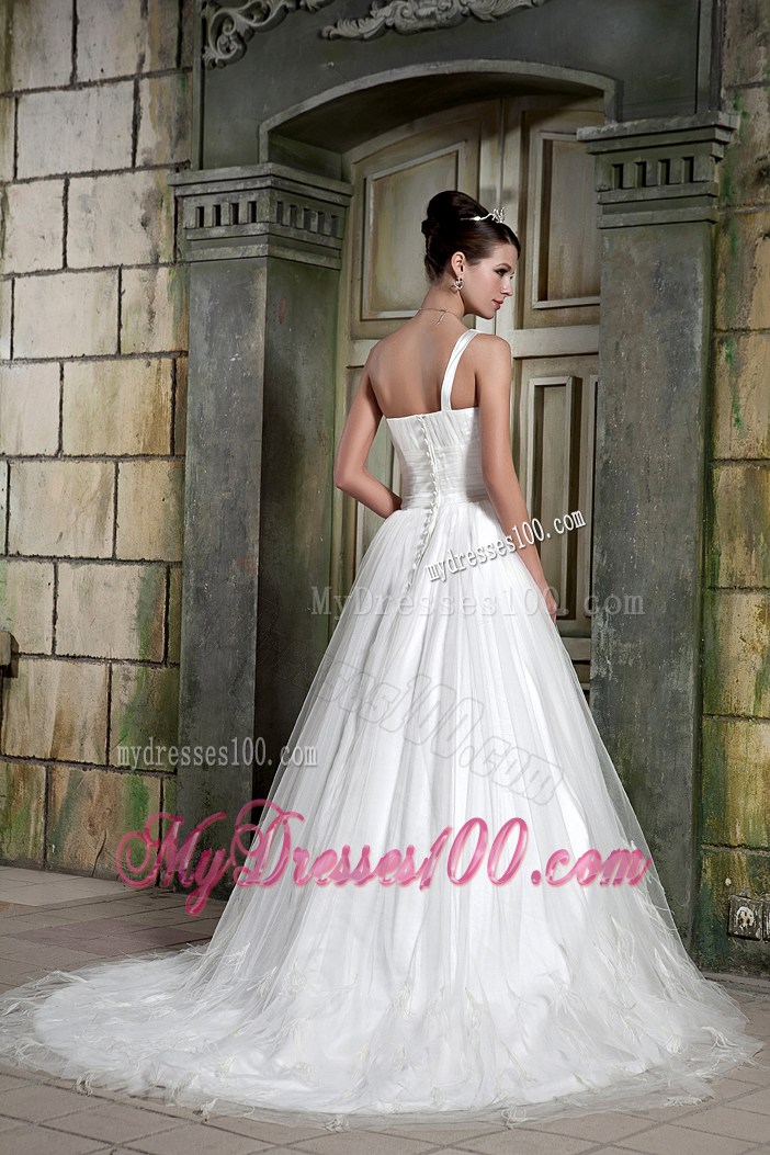 Single Shoulder Ruching Brush Train Wedding Dress Unique From The Feathers