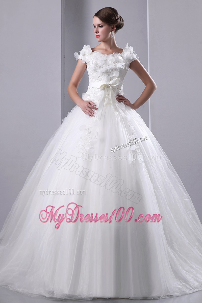 Flowers Appliques Scoop Taffeta and Tulle Cathedral Train Bridal Gown