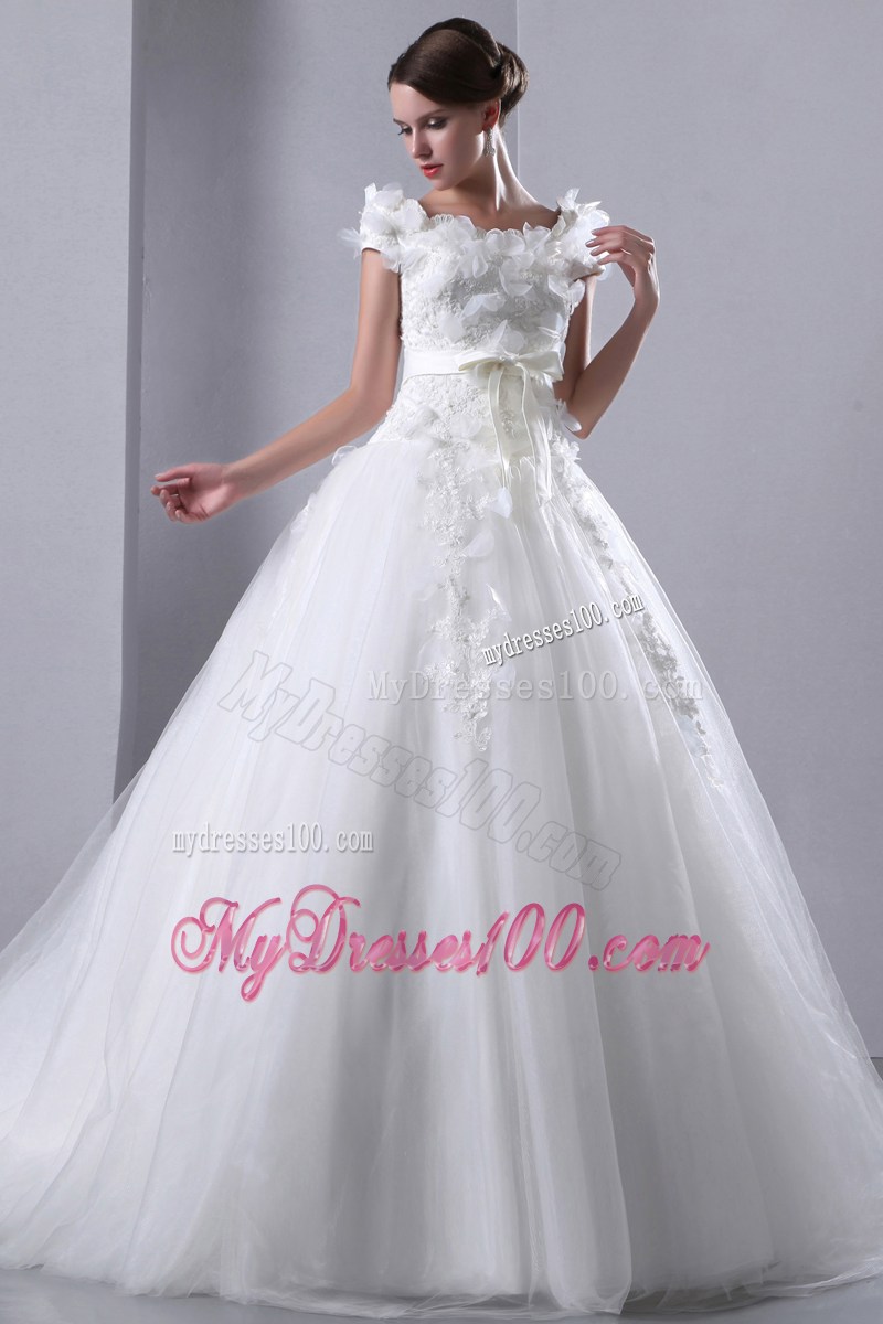 Flowers Appliques Scoop Taffeta and Tulle Cathedral Train Bridal Gown