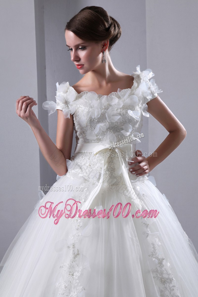 Flowers Appliques Scoop Taffeta and Tulle Cathedral Train Bridal Gown