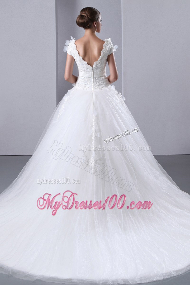 Flowers Appliques Scoop Taffeta and Tulle Cathedral Train Bridal Gown