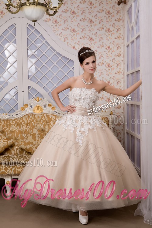 Champagne Ankle-length Dress for Brides with Ruched Sash and White Appliques