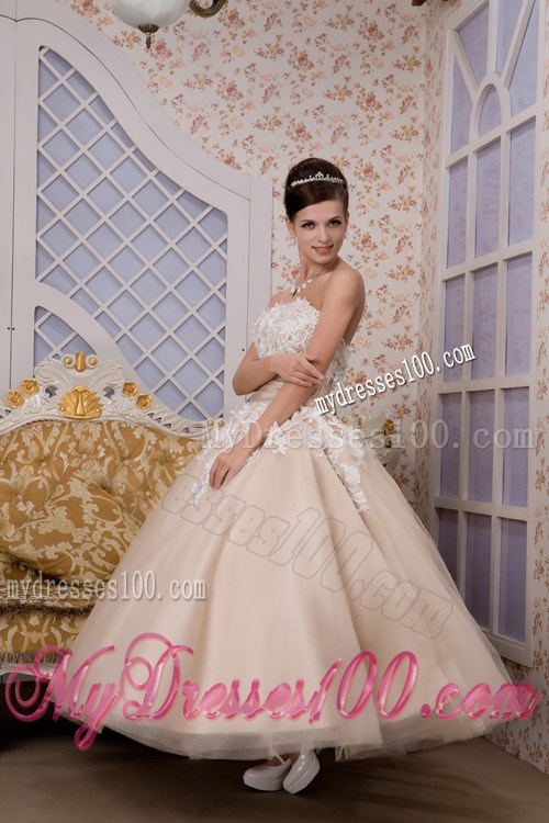 Champagne Ankle-length Dress for Brides with Ruched Sash and White Appliques
