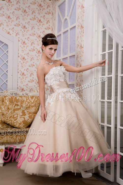 Champagne Ankle-length Dress for Brides with Ruched Sash and White Appliques